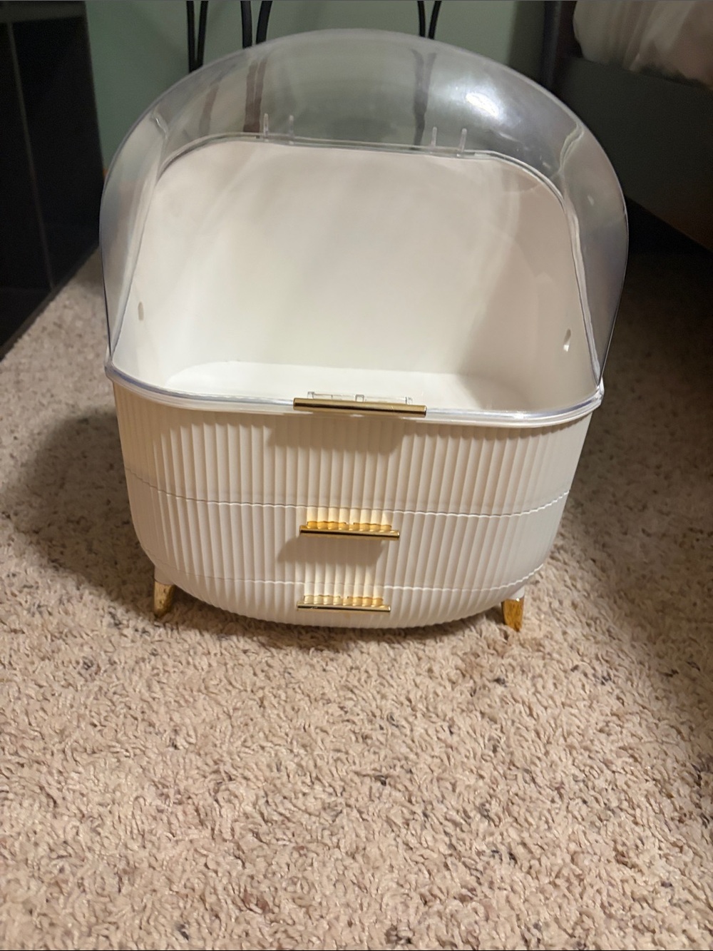 White Cosmetic Organizer with Clear Dome and Gold Accents